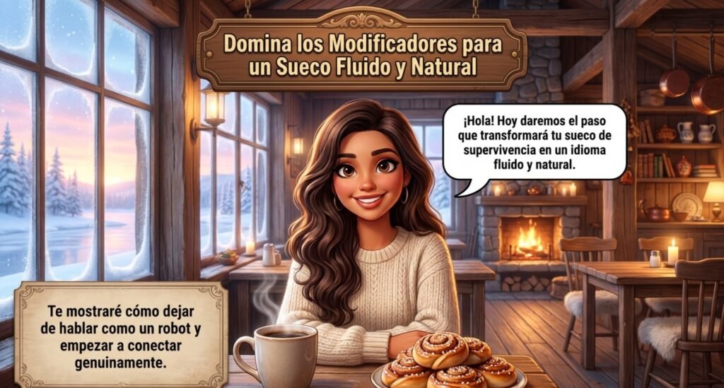 Ilustración de una mujer estudiando los adverbios en sueco en un café acogedor — Hablemos Sueco