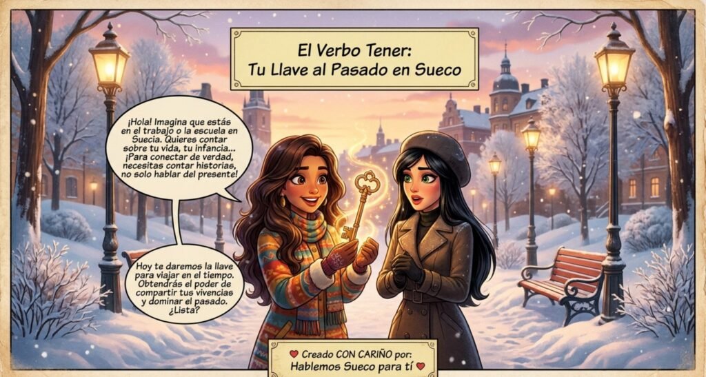 El pasado en sueco: cómo conjugar los tiempos verbales (guía) Dos mujeres conversan sobre el pasado en sueco (har y hade) en un parque nevado — Hablemos Sueco