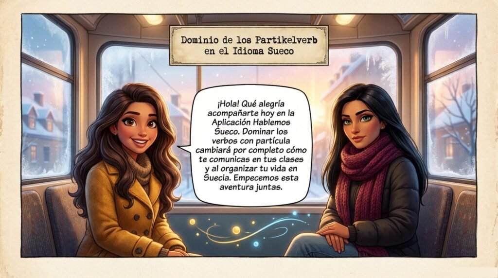 Dos mujeres conversan en un tren en Suecia sobre los verbos con partícula en sueco — Hablemos Sueco