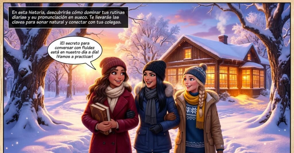 El presente en sueco (presens): la guía definitiva para hablar de tus rutinas El presente en sueco: tres amigas conversan sobre rutinas en un paisaje sueco nevado